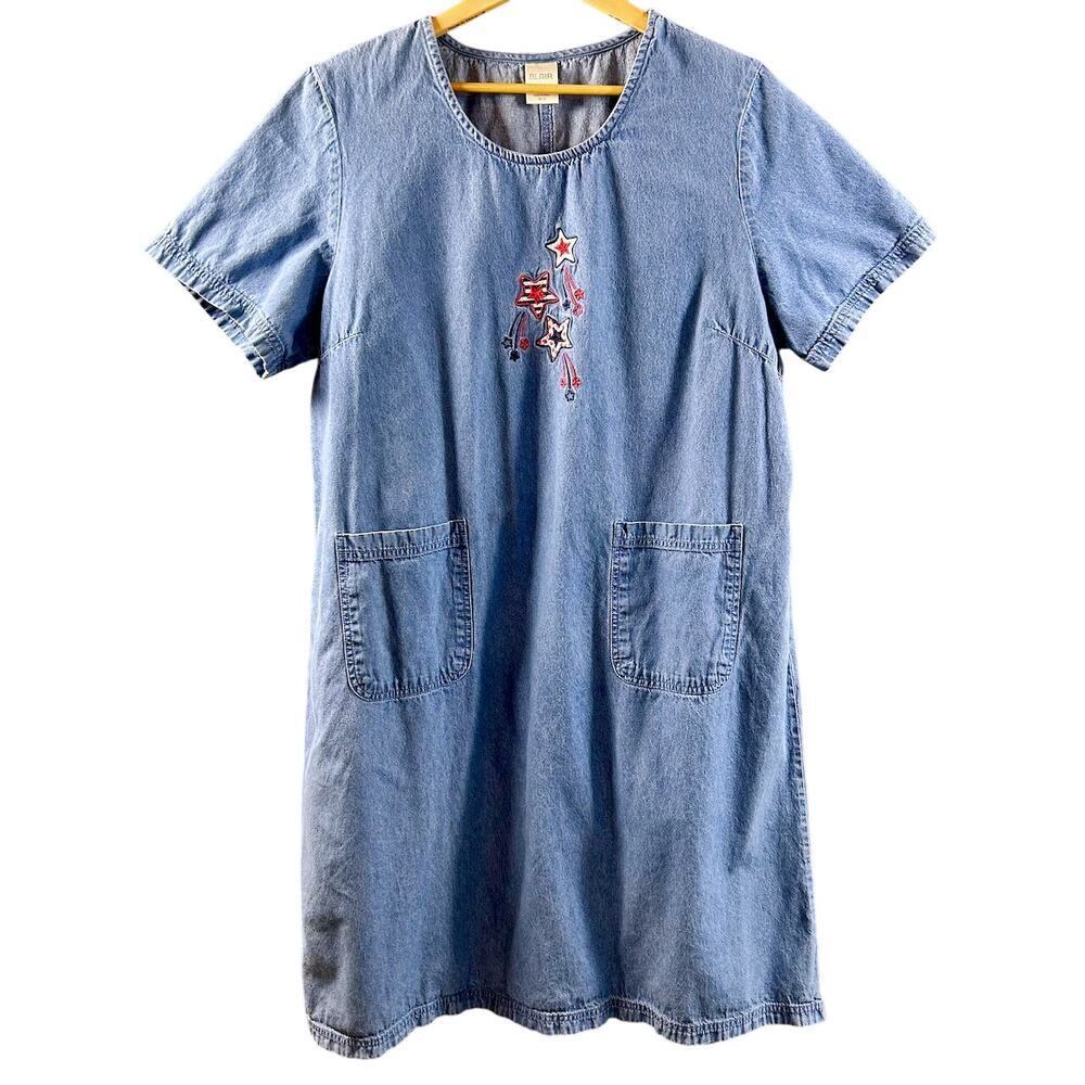 VTG USA Embroidered Stars Patriotic 4th of July Denim Dress Fireworks XL